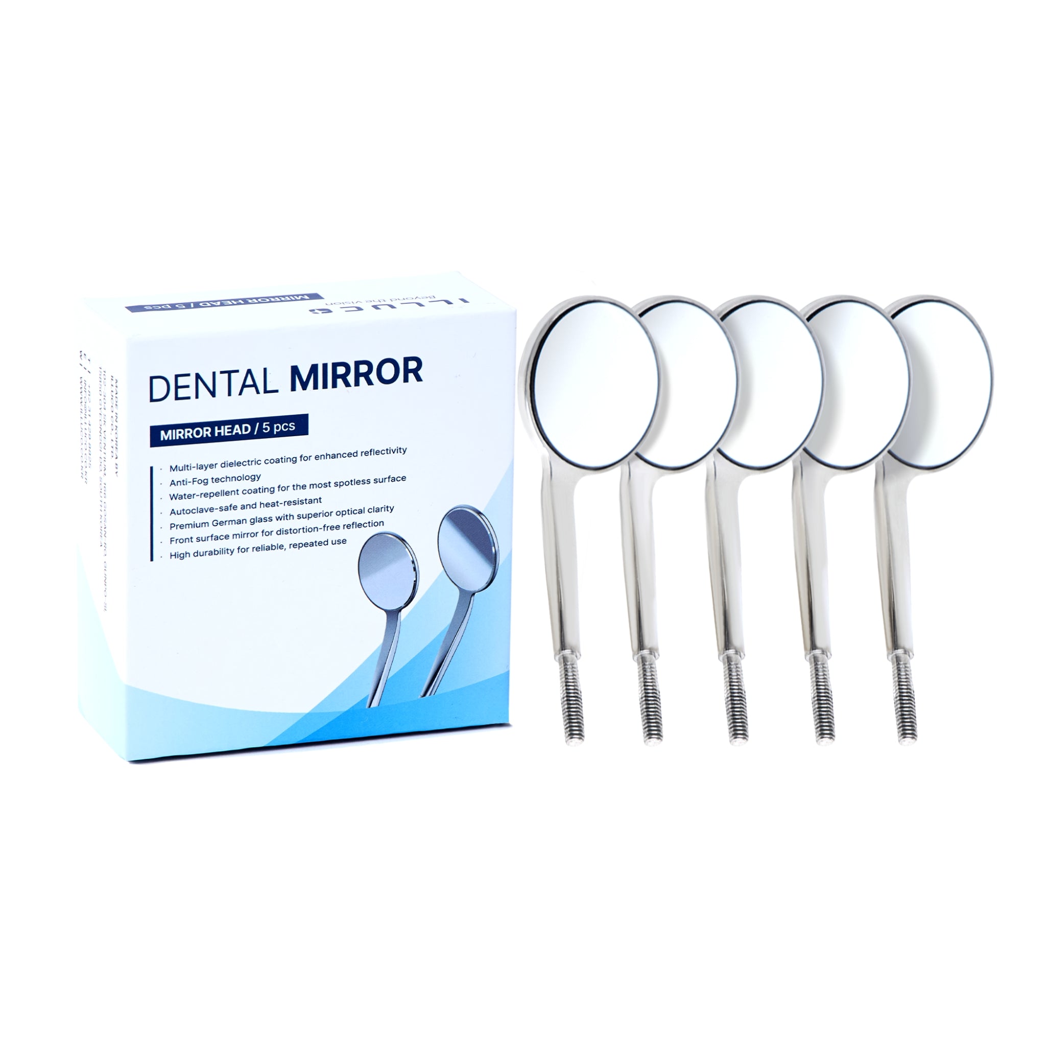 Set of dental mirrors with packaging on a white background