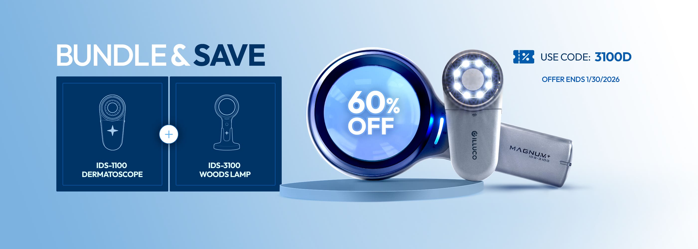Two ILLUCO dermatoscopes on a light blue background with promotional text for bundle and save offer