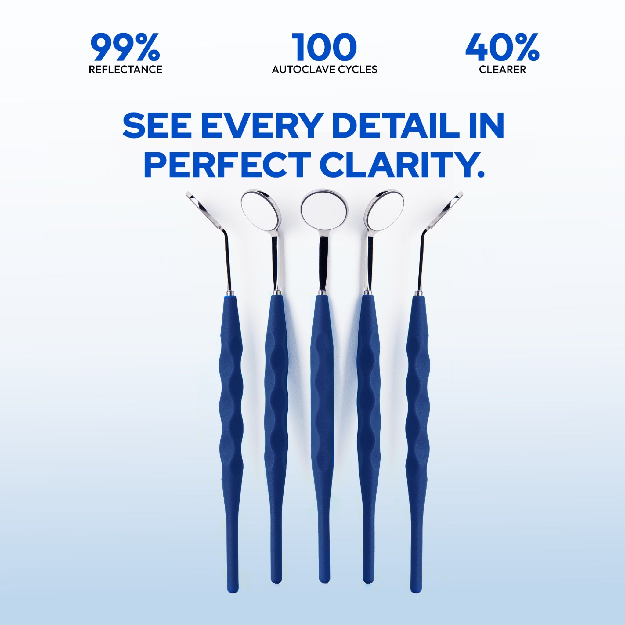 Four dental tools with blue handles on a light blue background