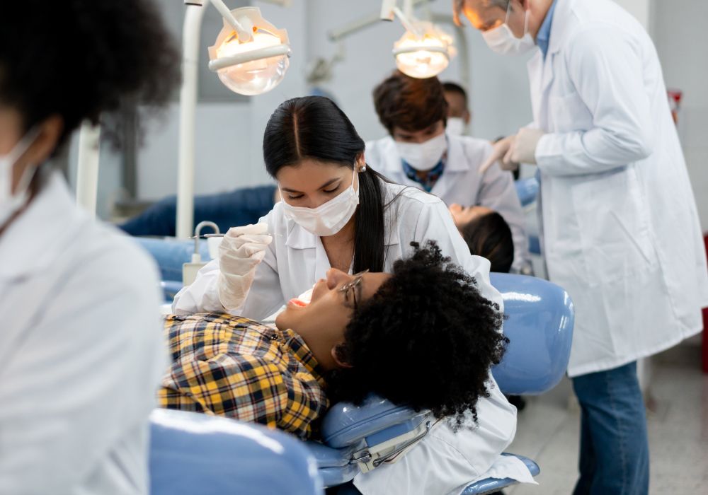 Dental students working in class