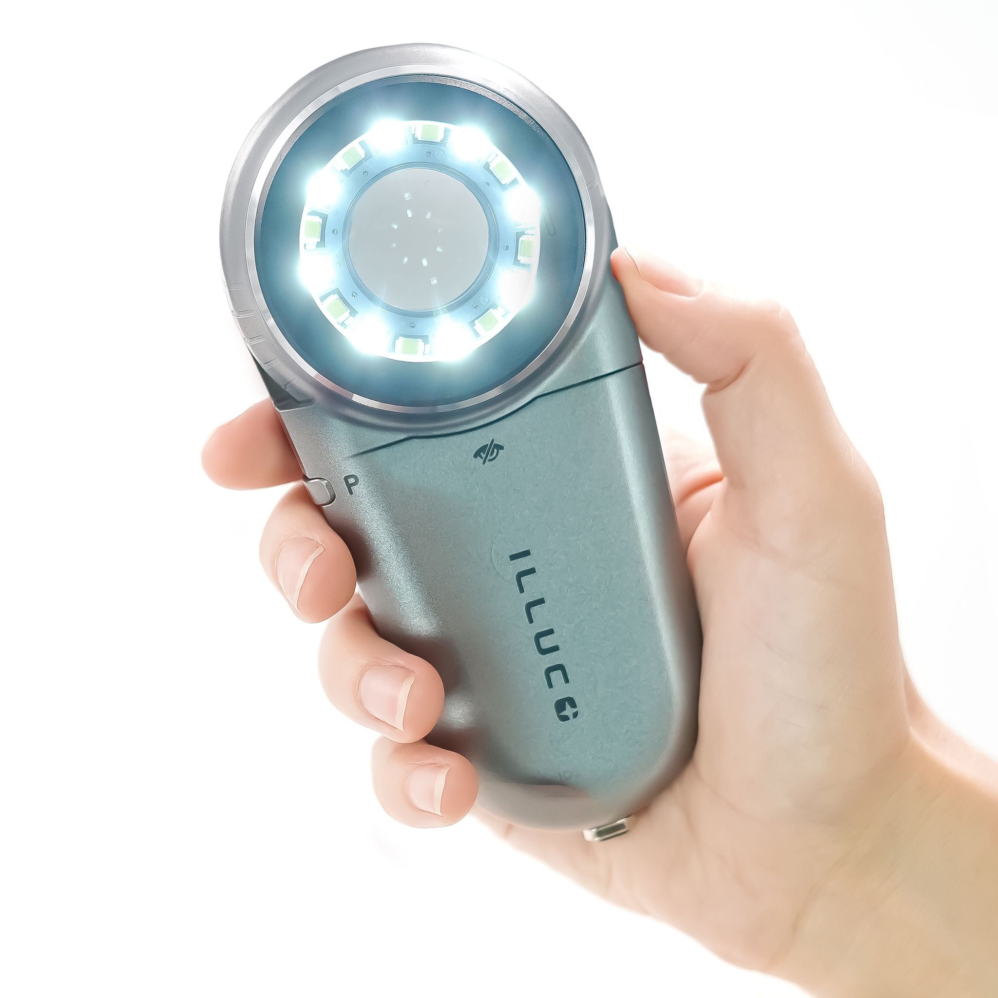 IDS-1100C Dermatoscope in hand with light on from the front view