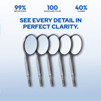 Five dental mirrors with text highlighting their features on a light blue background