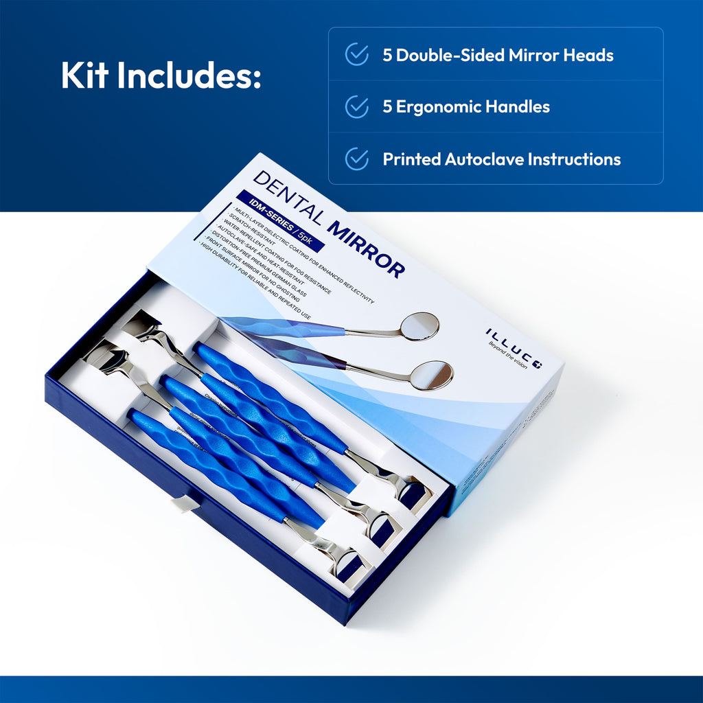 double sided dental mirror kit includes 5 mirror heads, handles, and autoclave instructions