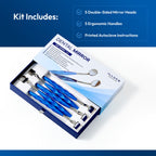 double sided dental mirror kit includes 5 mirror heads, handles, and autoclave instructions