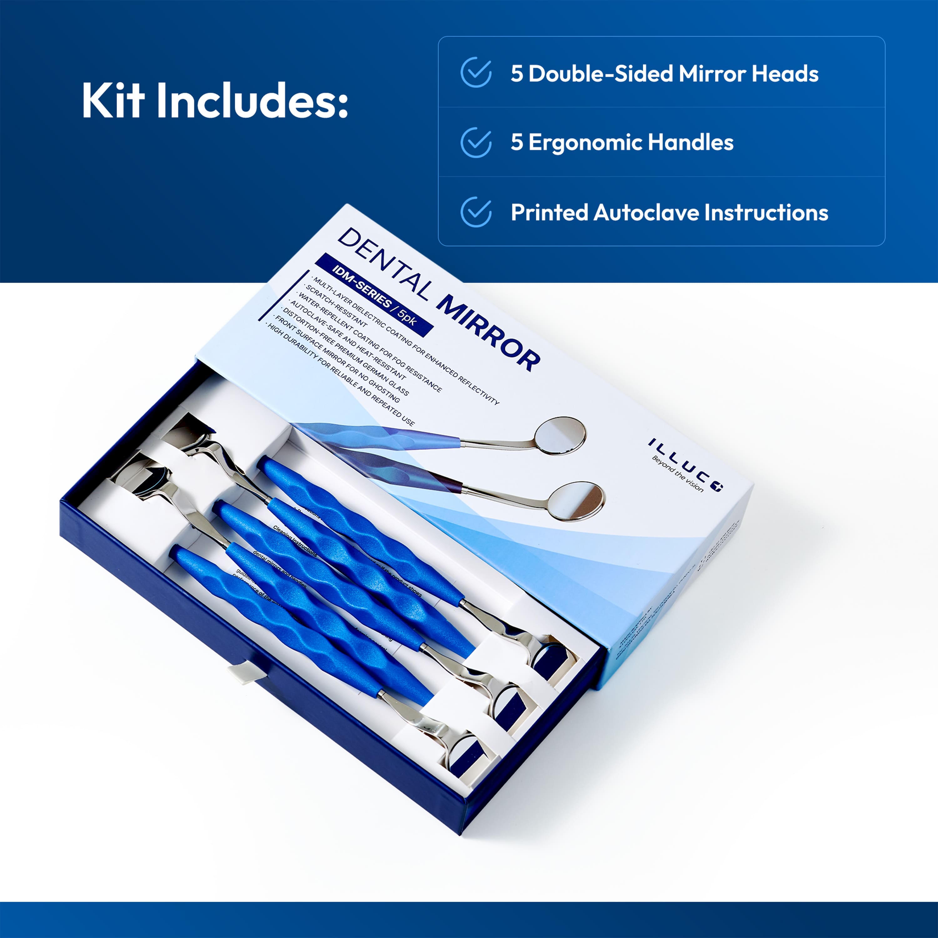 double sided dental mirror kit includes 5 mirror heads, handles, and autoclave instructions