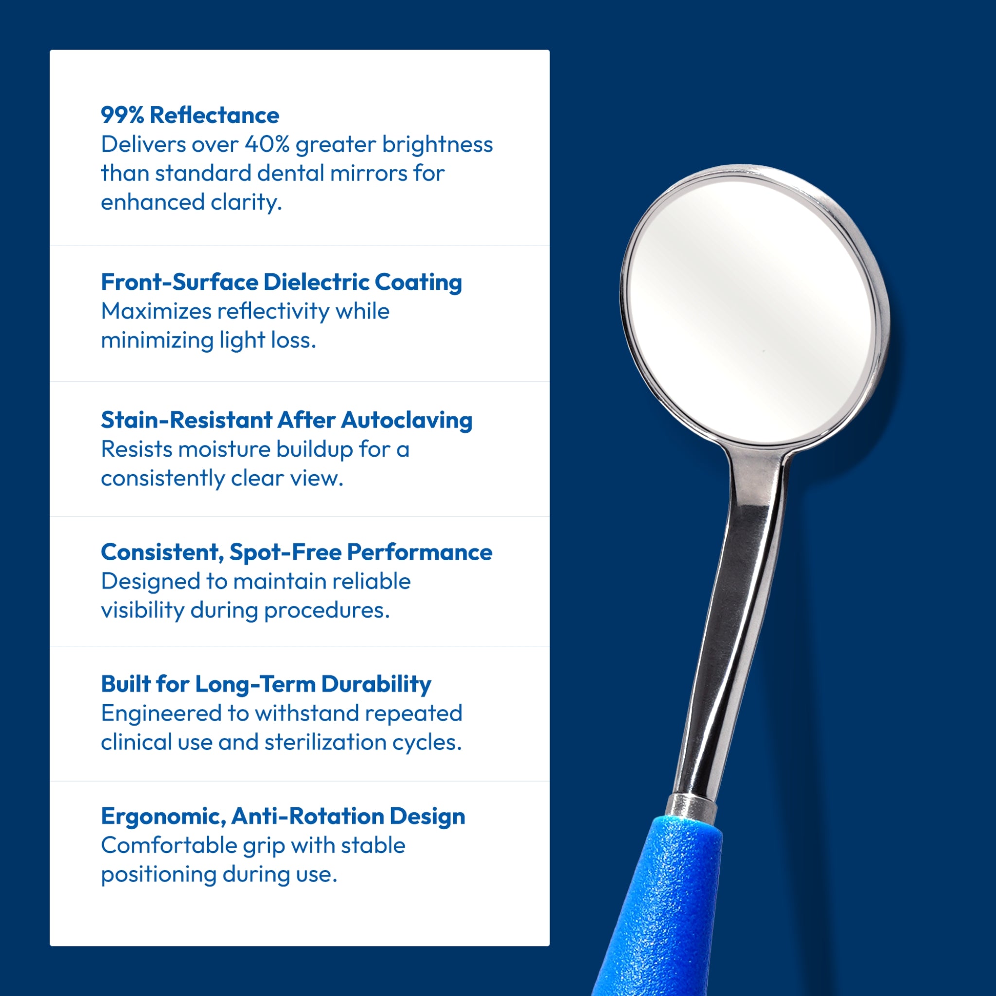 Dental mirror with reflective properties on a blue background