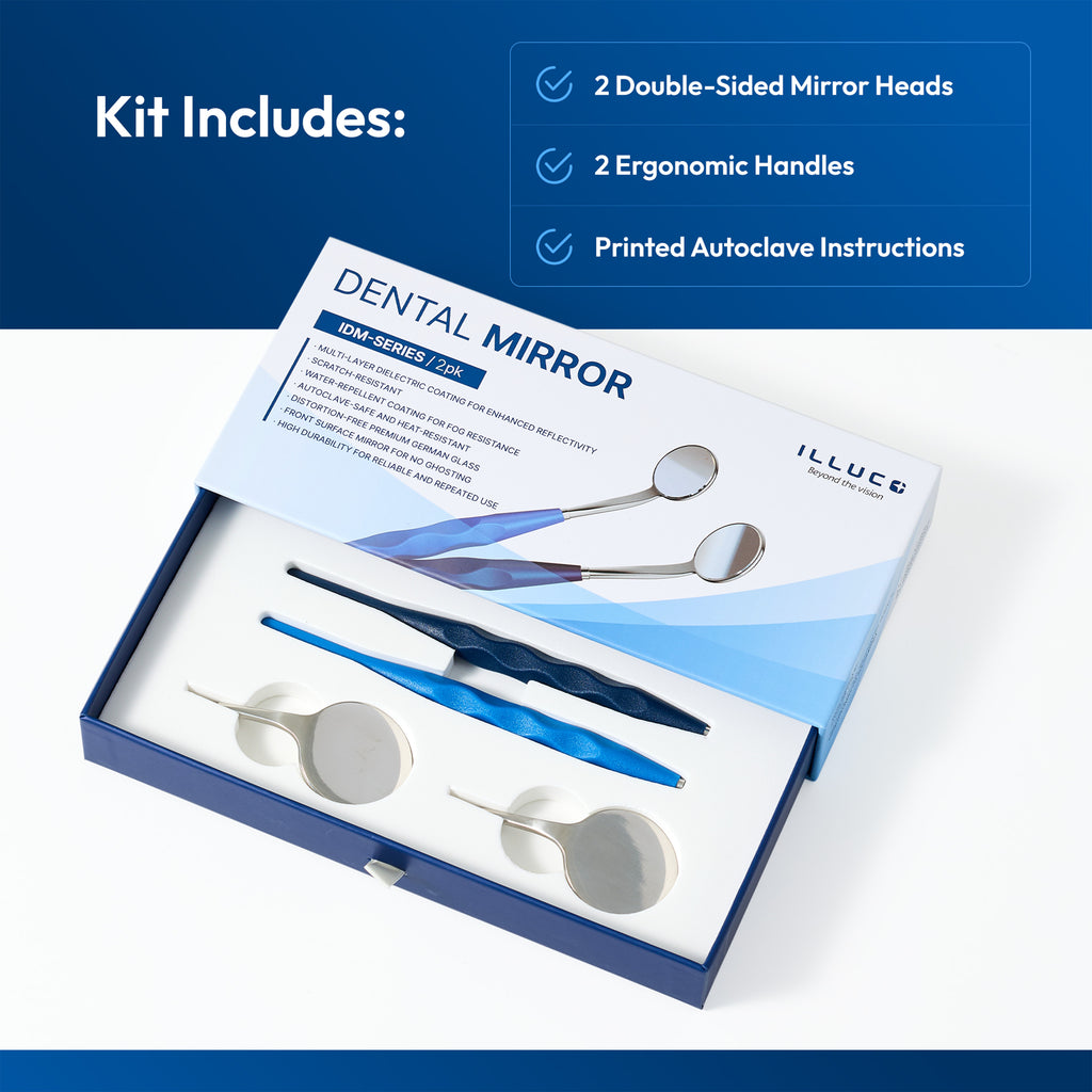Grand mirror kit includes 2 double sided mirror heads, handles, and autoclave instructions