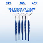 Four dental tools with blue handles on a light blue background