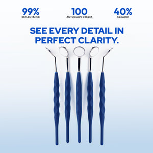 Four dental tools with blue handles on a light blue background