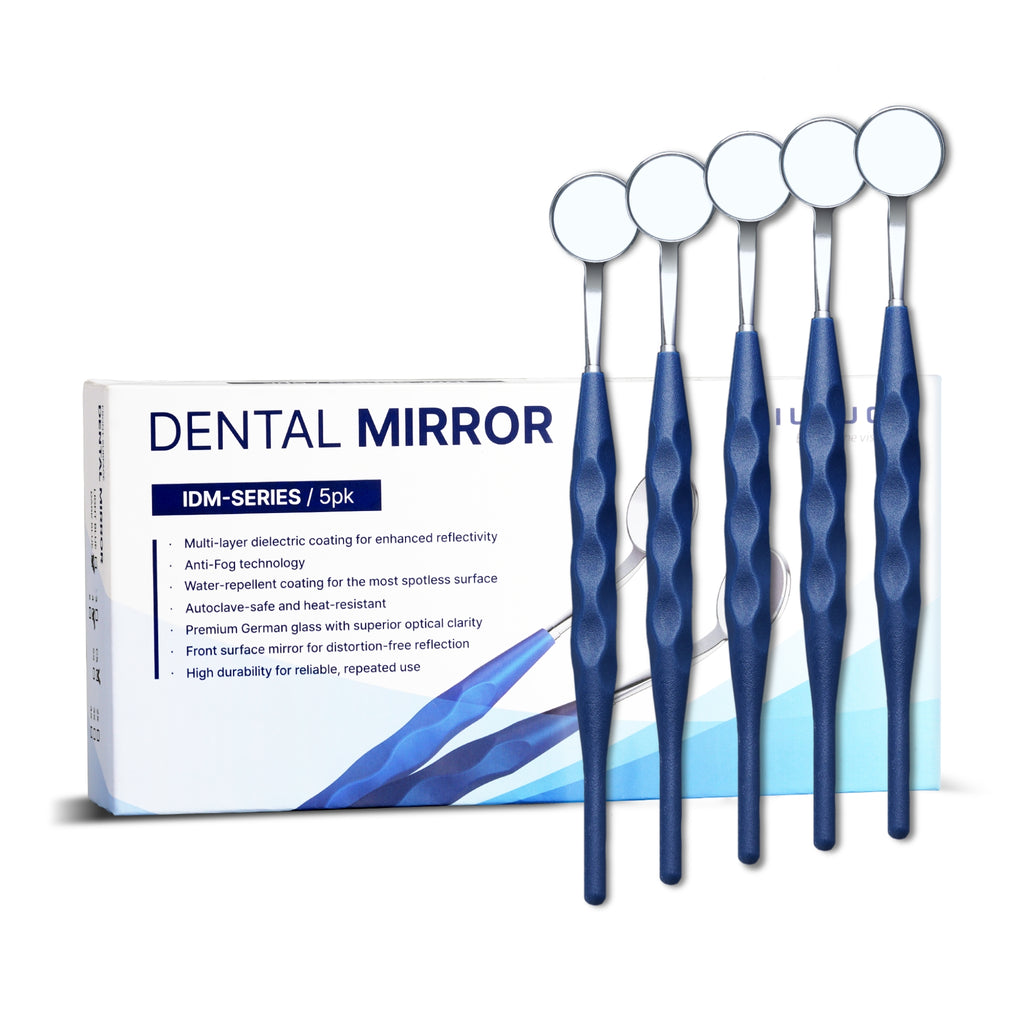 Set of dental mirrors with packaging on a white background