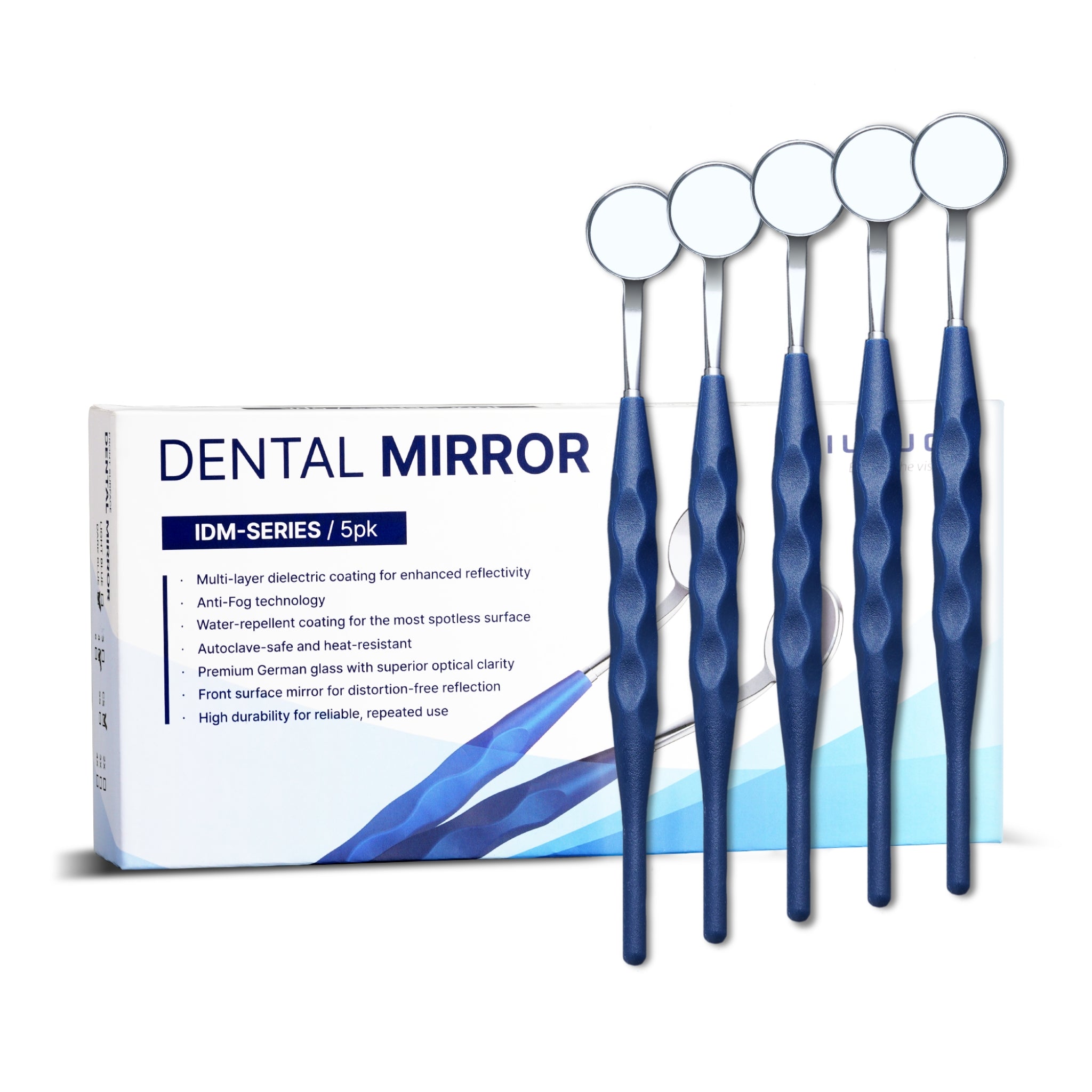 Set of dental mirrors with packaging on a white background