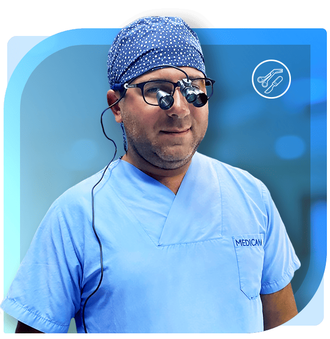 Surgeon wearing ILLUCO Galilean Loupes and Wired Headlight